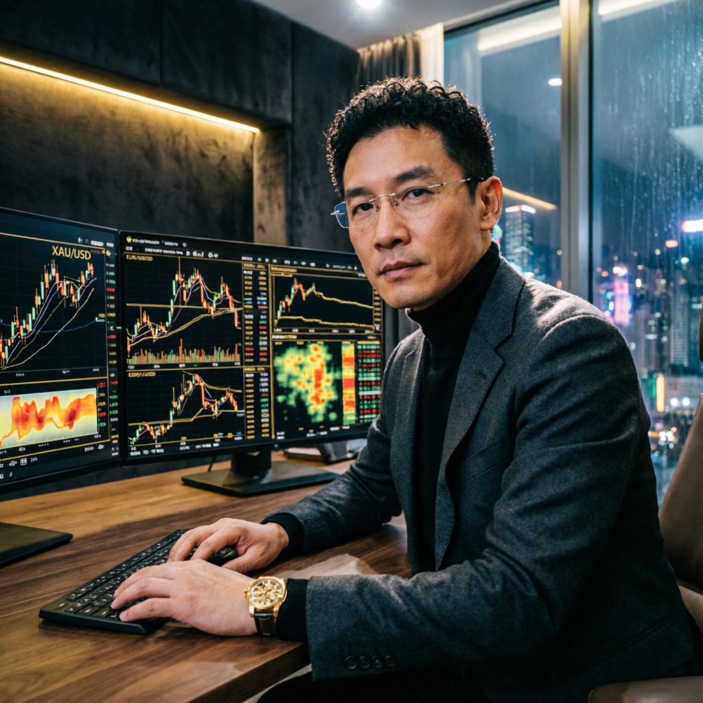Professional forex trader analyzing Topstep futures charts on multiple monitors
