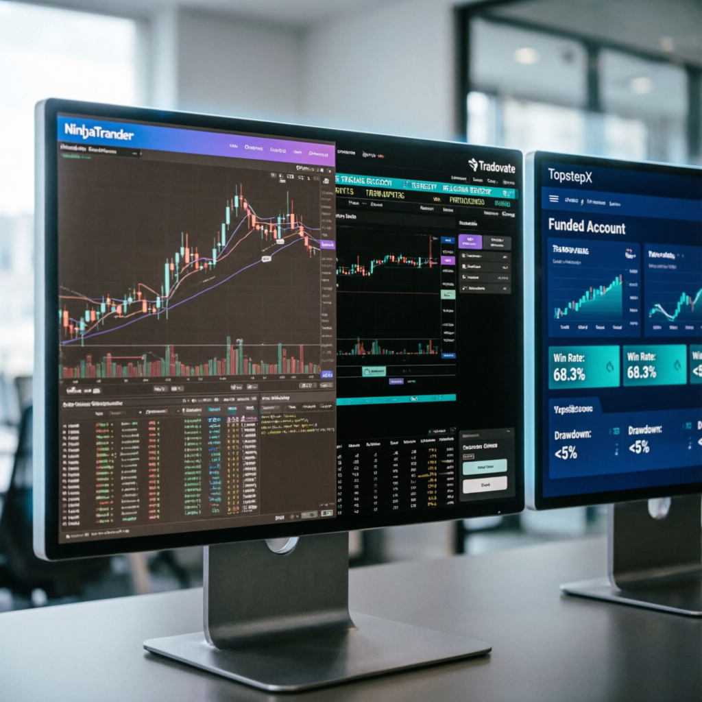 Multiple trading platforms including NinjaTrader, Tradovate, and TopstepX on monitors