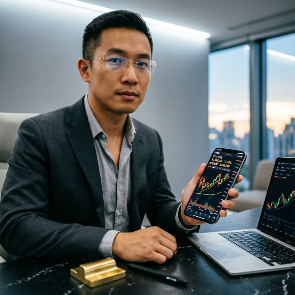 Professional trader using mobile trading app with futures charts