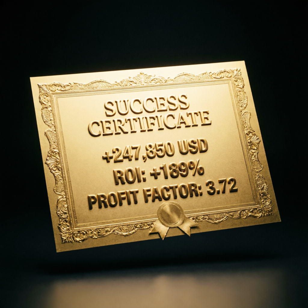Success certificate showing funded account achievement and profit metrics