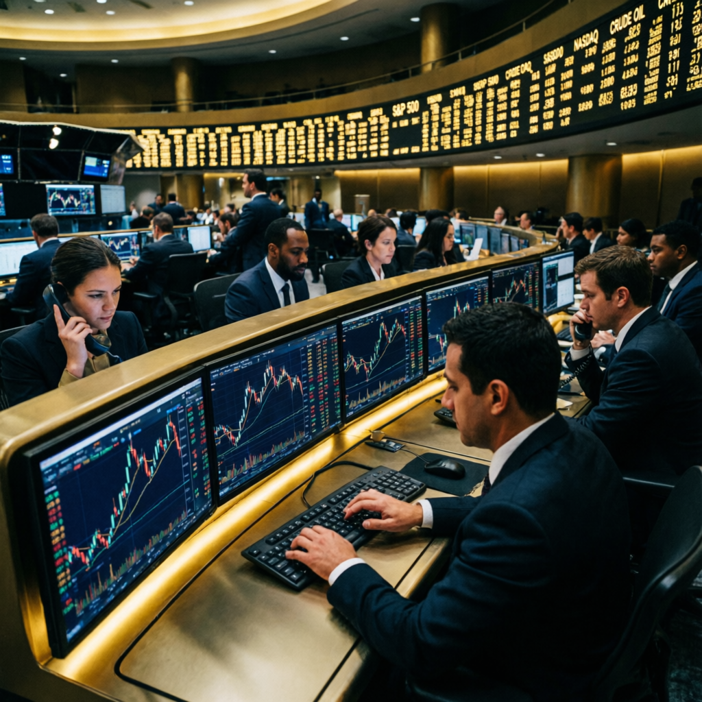 Professional trading floor with multiple traders monitoring futures markets