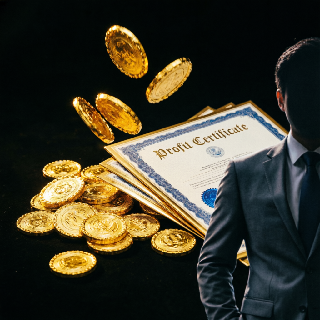 Profit certificate and gold coins representing Topstep payout success