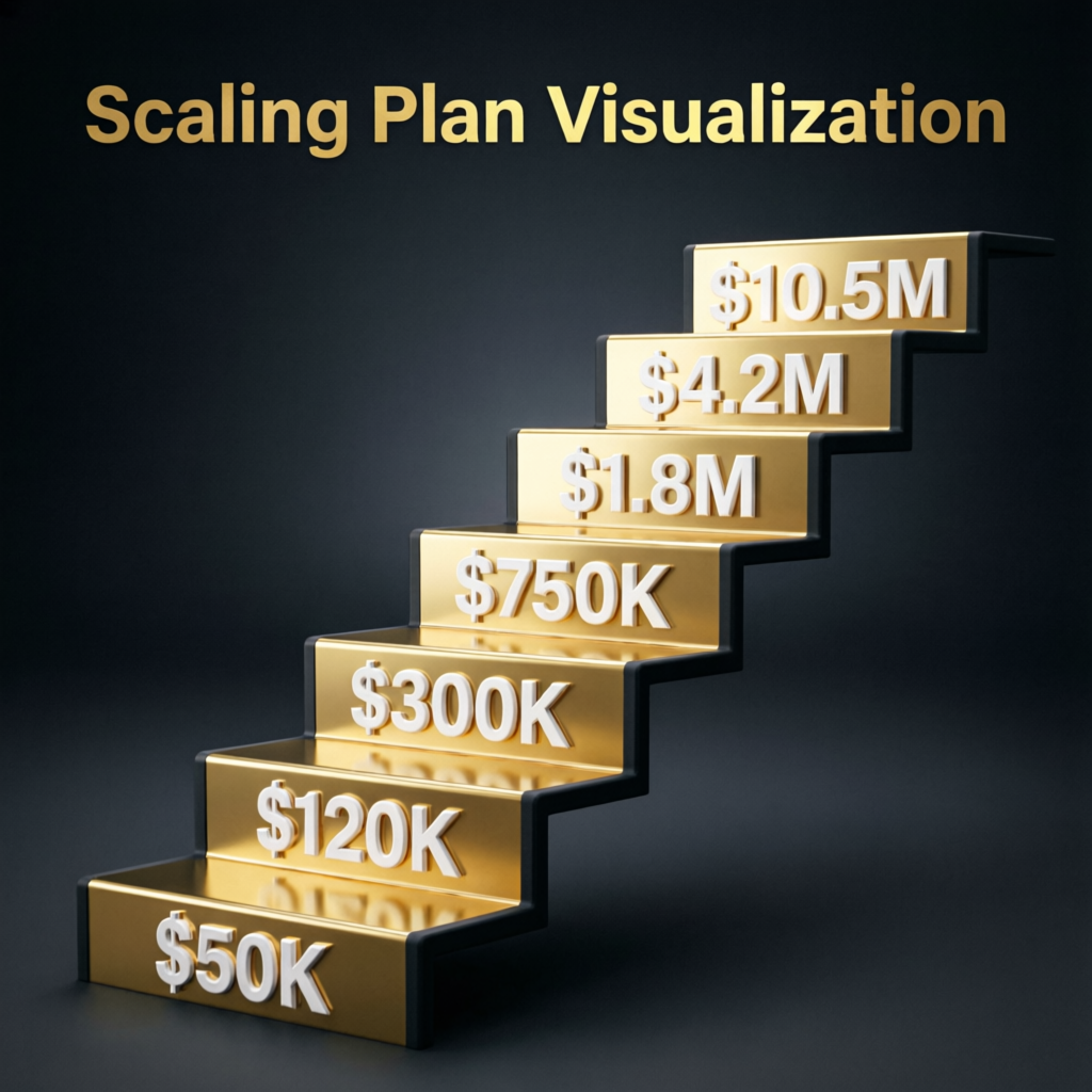 Scaling plan visualization showing account growth from 50K to millions