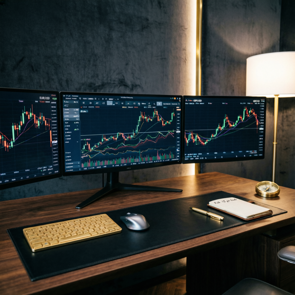 Professional forex trading setup with multiple monitors showing currency charts