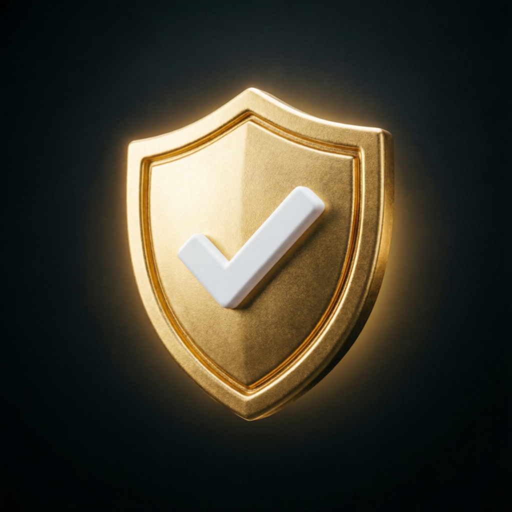 Gold shield with checkmark representing trust and verification