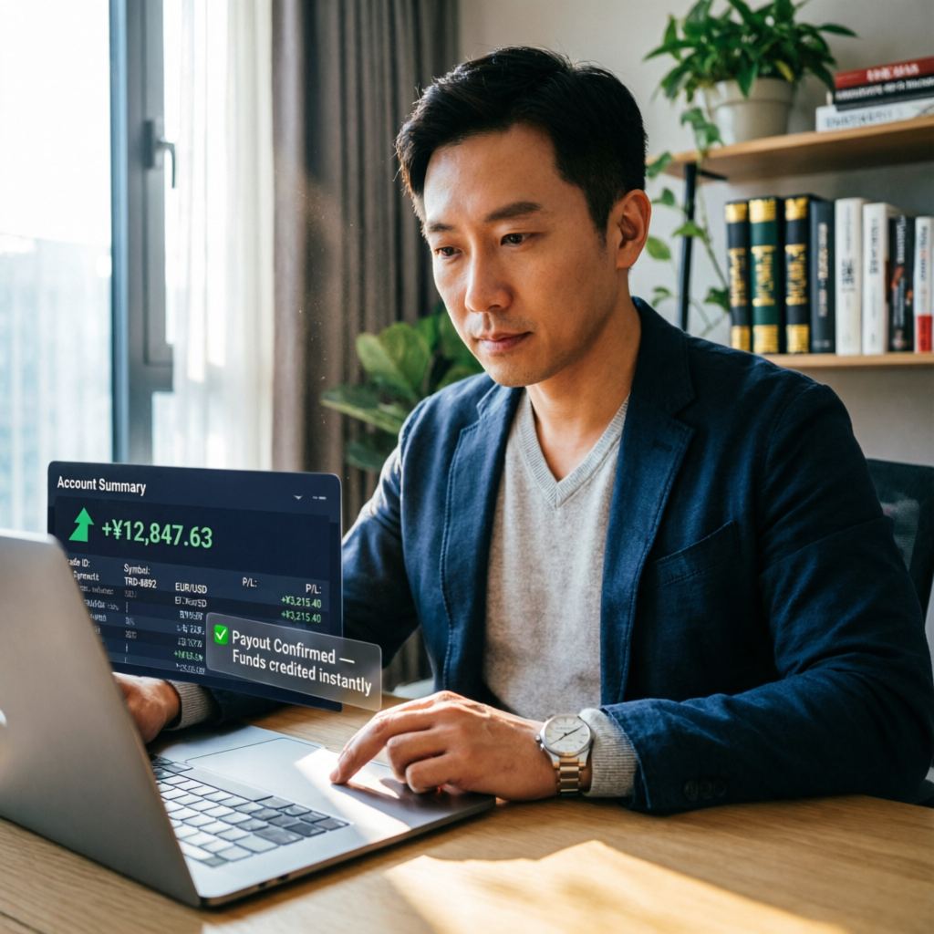 Successful trader reviewing funded account profits and payout confirmations