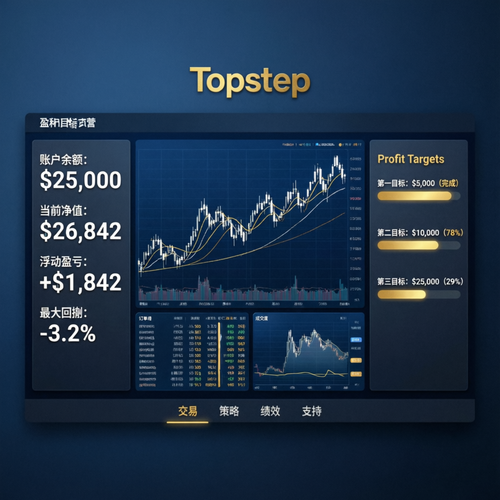Topstep trading platform dashboard showing account metrics and profit targets
