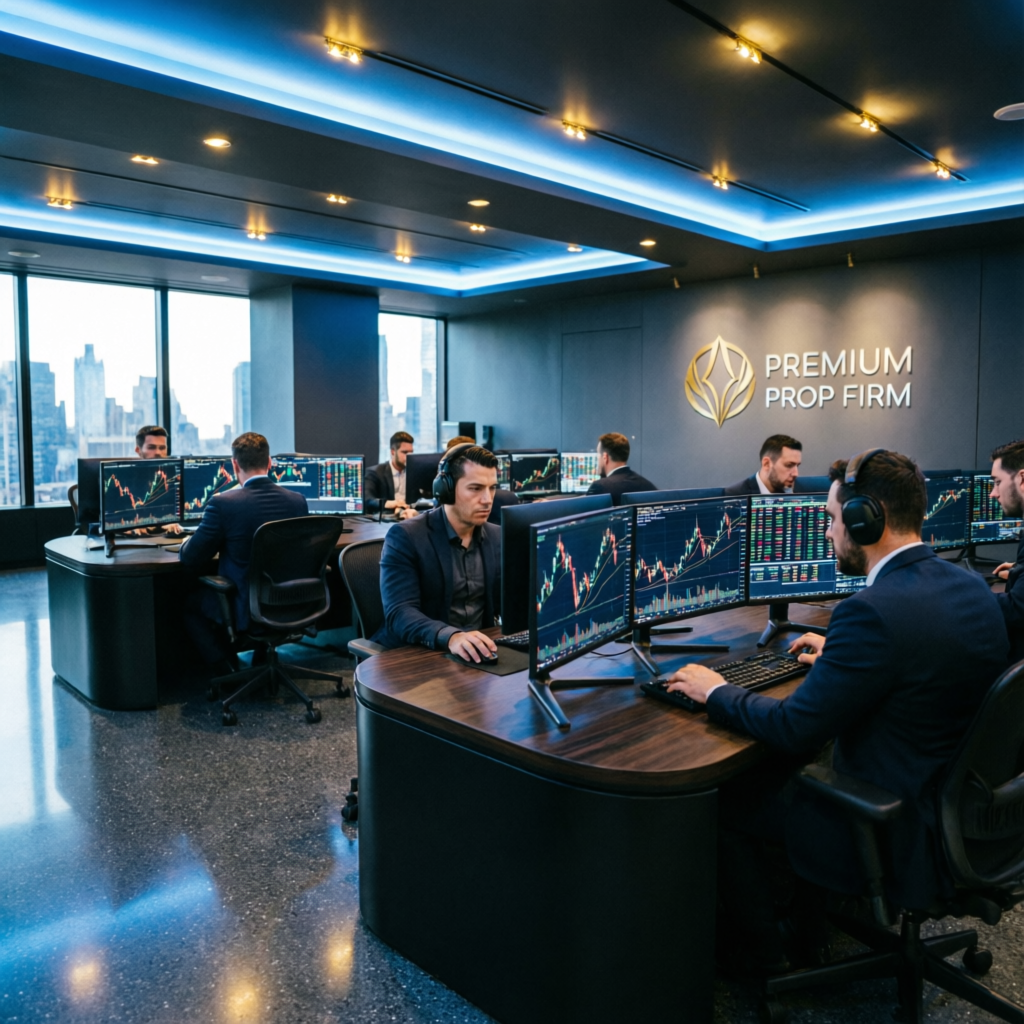 Professional prop firm trading floor with traders working