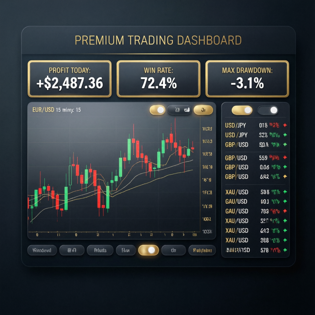 Premium trading dashboard showing live forex charts and profit metrics