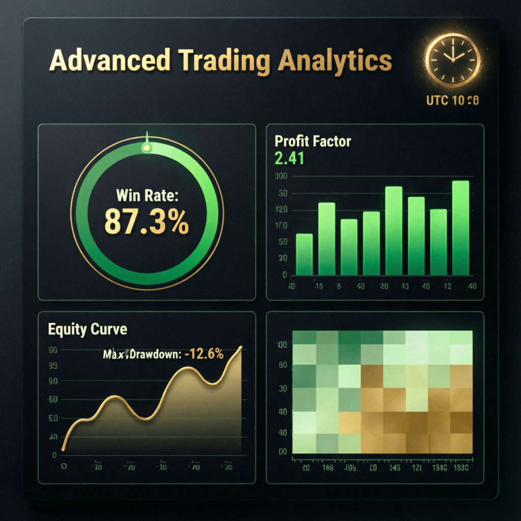 Advanced trading analytics showing win rate and profit factor metrics