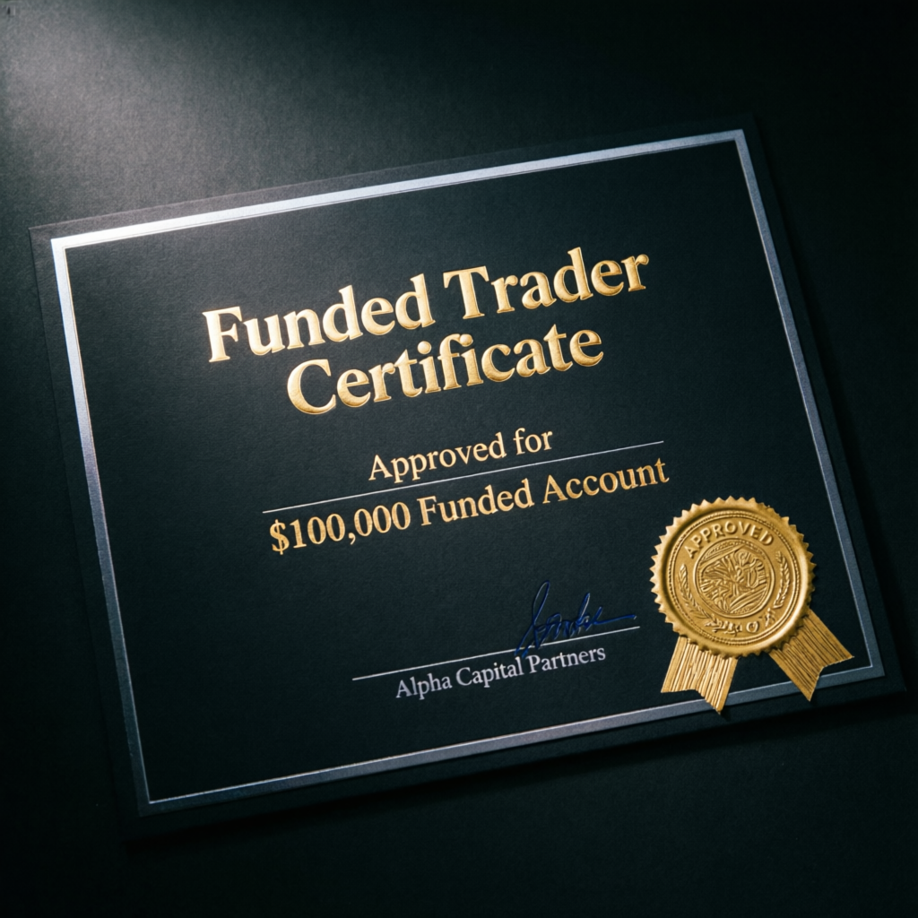 Funded trader certificate showing approved funded account status