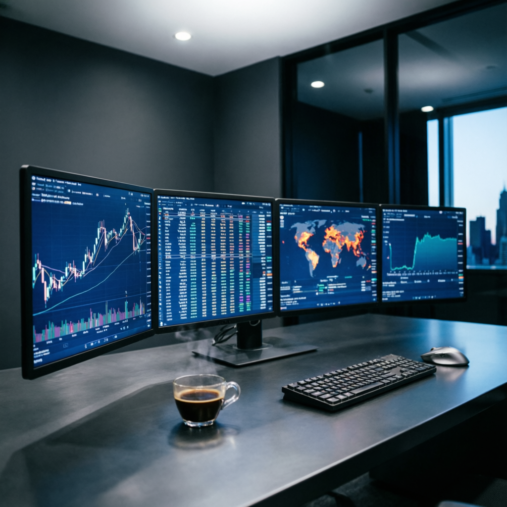 Professional trading desk with multiple monitors showing forex charts