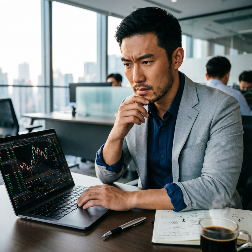 Professional forex trader analyzing charts on laptop