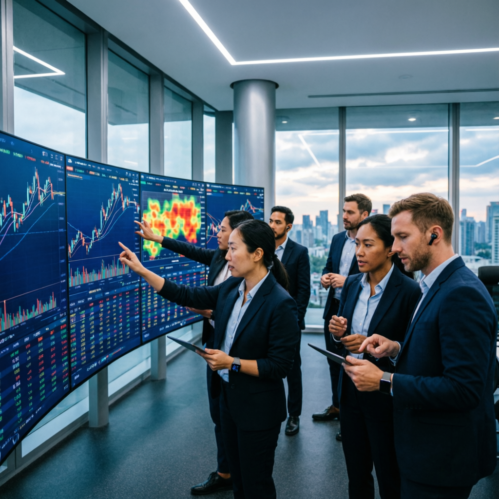 Team of professional financial analysts collaborating in modern trading room