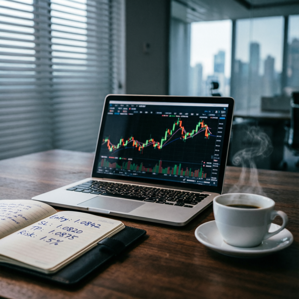 Professional forex trading setup for FTUK challenge with laptop showing charts and trading journal
