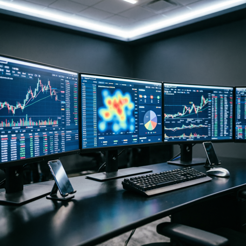 Professional trading desk with FTUK challenge monitoring setup - PFM Capitals