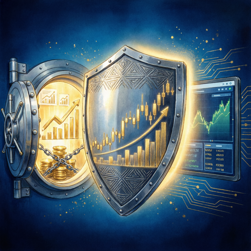 Risk management visualization showing secure trading environment for prop firm challenges