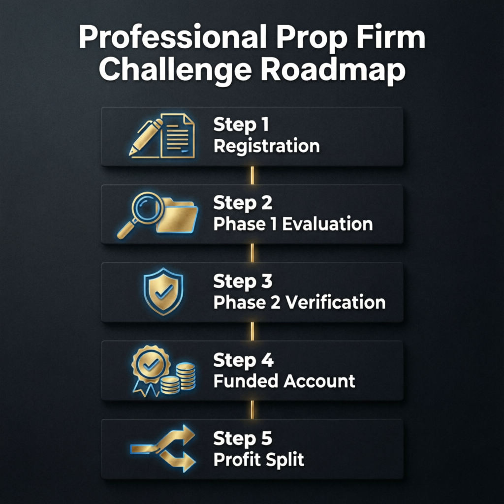 FTUK prop firm challenge roadmap showing step-by-step process from registration to profit split