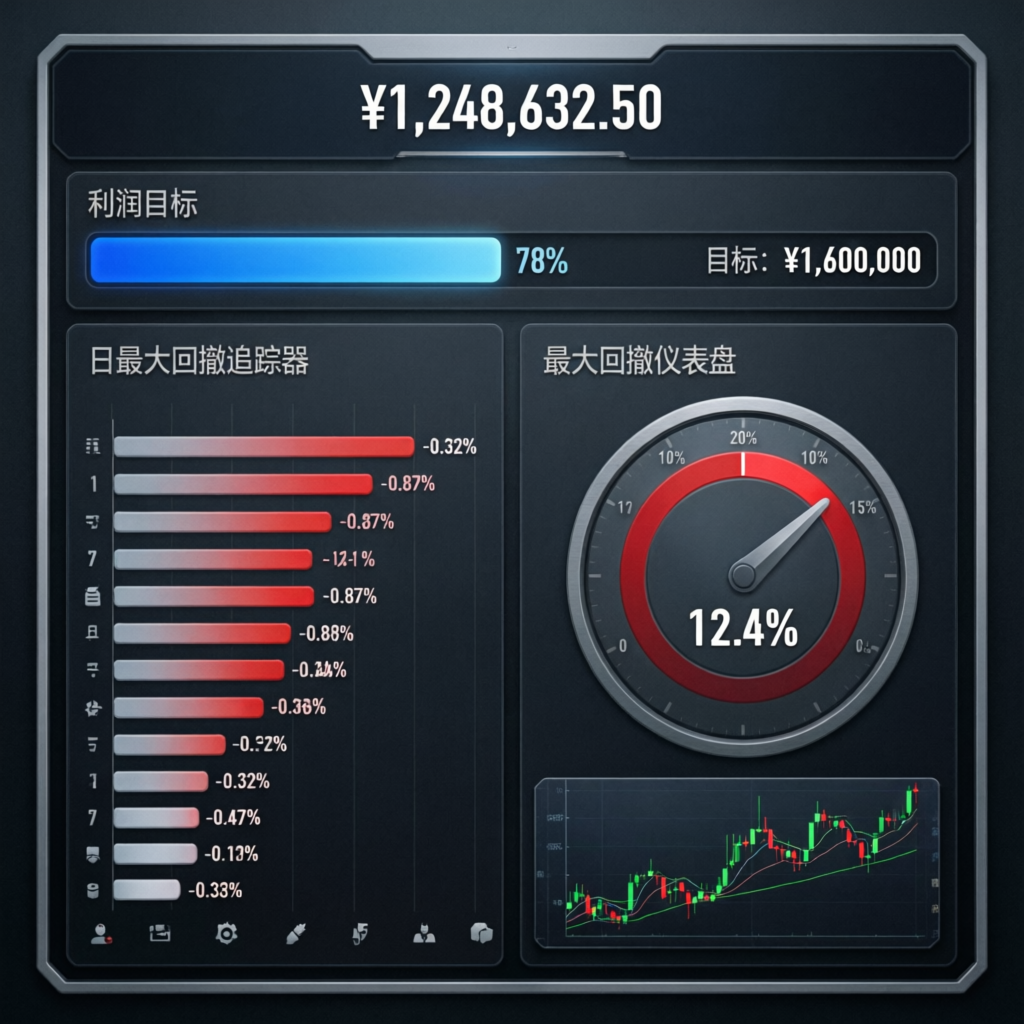Trading dashboard showing profit target progress, daily drawdown tracker, and max drawdown gauge for FTUK challenge