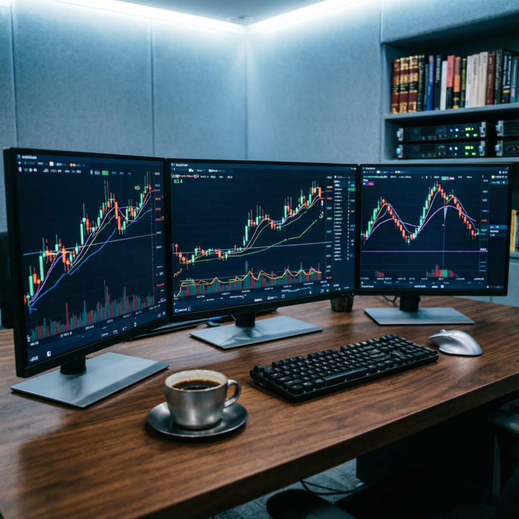 Professional trading analysis workstation with multiple monitors showing FTUK challenge monitoring setup