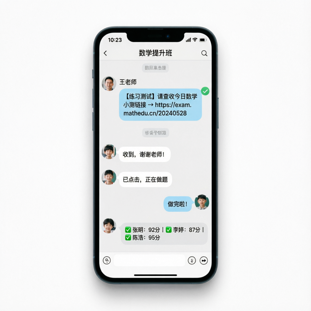 WhatsApp chat showing tutor sending link and students replying with scores