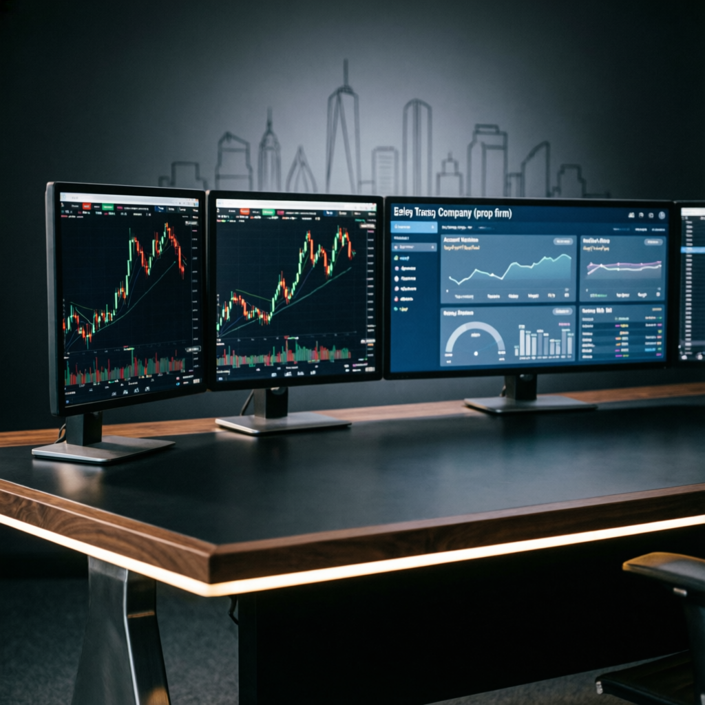 Professional trading desk with multiple monitors showing forex charts and prop firm dashboard