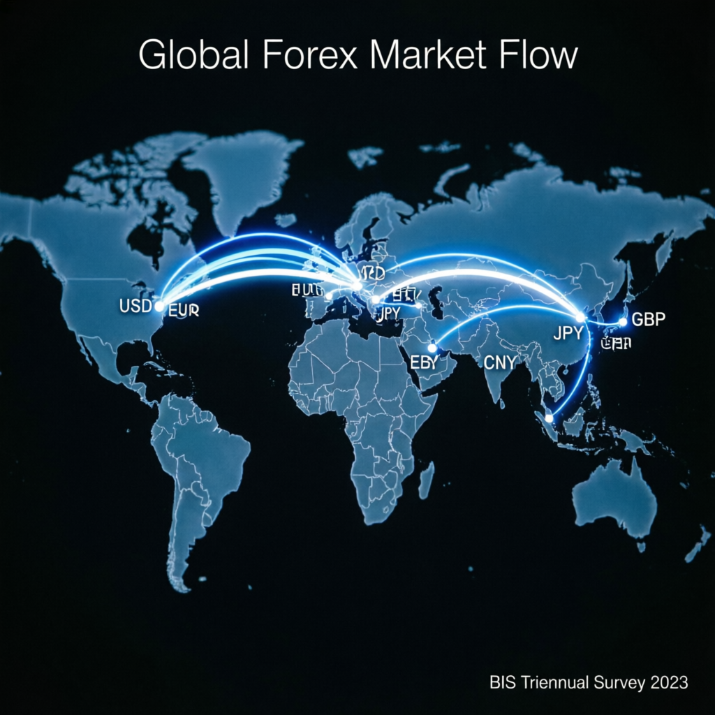 Global forex market map with glowing trade lines illustrating international prop firm account management reach