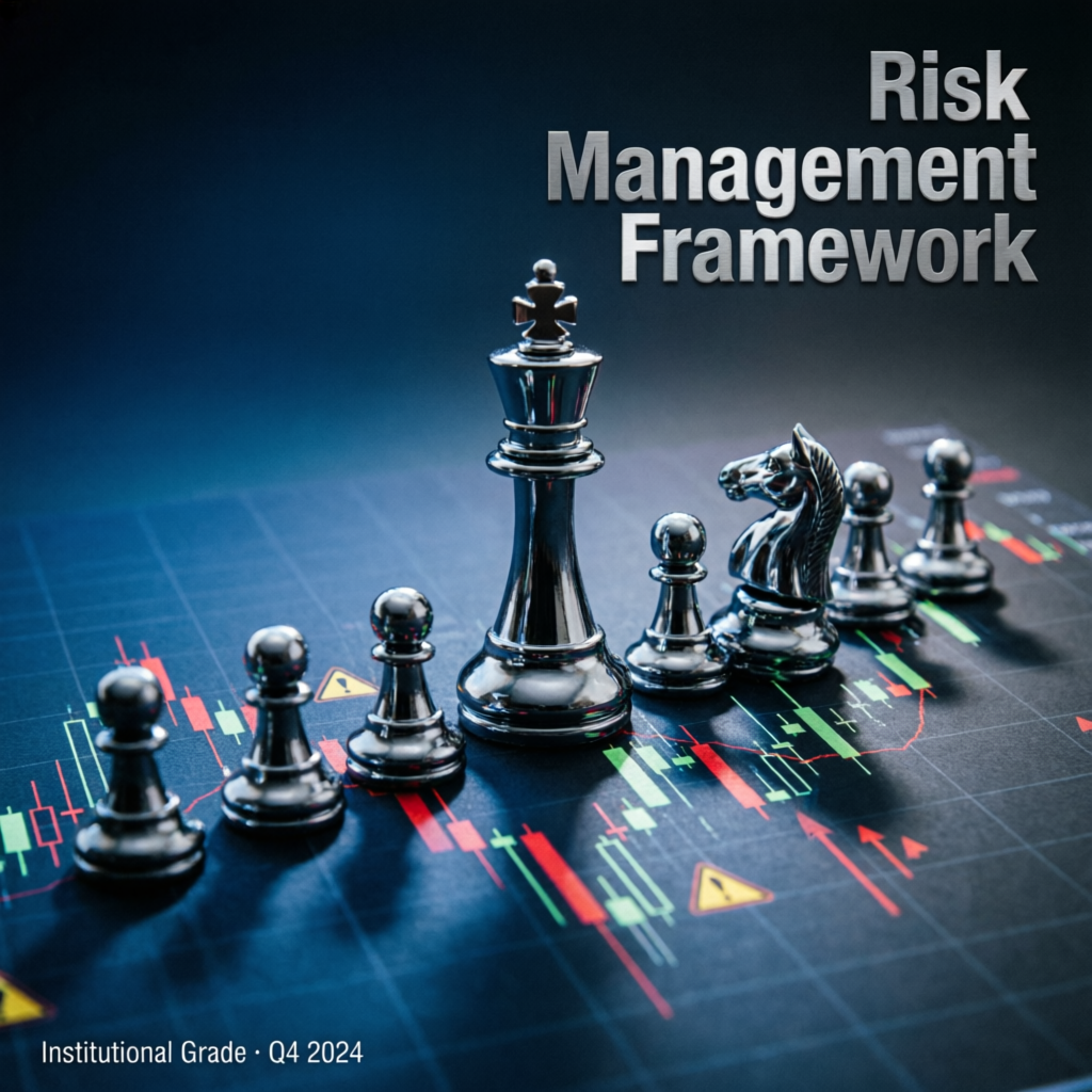 Risk management concept with chess pieces on trading chart illustrating strategic prop firm challenge navigation