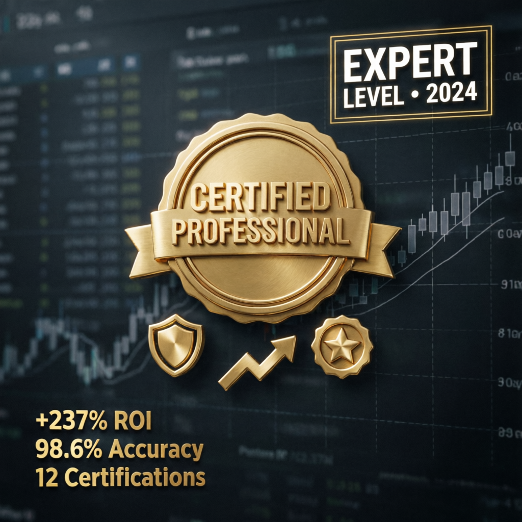 Professional certification and achievement concept with gold accents on dark trading interface background