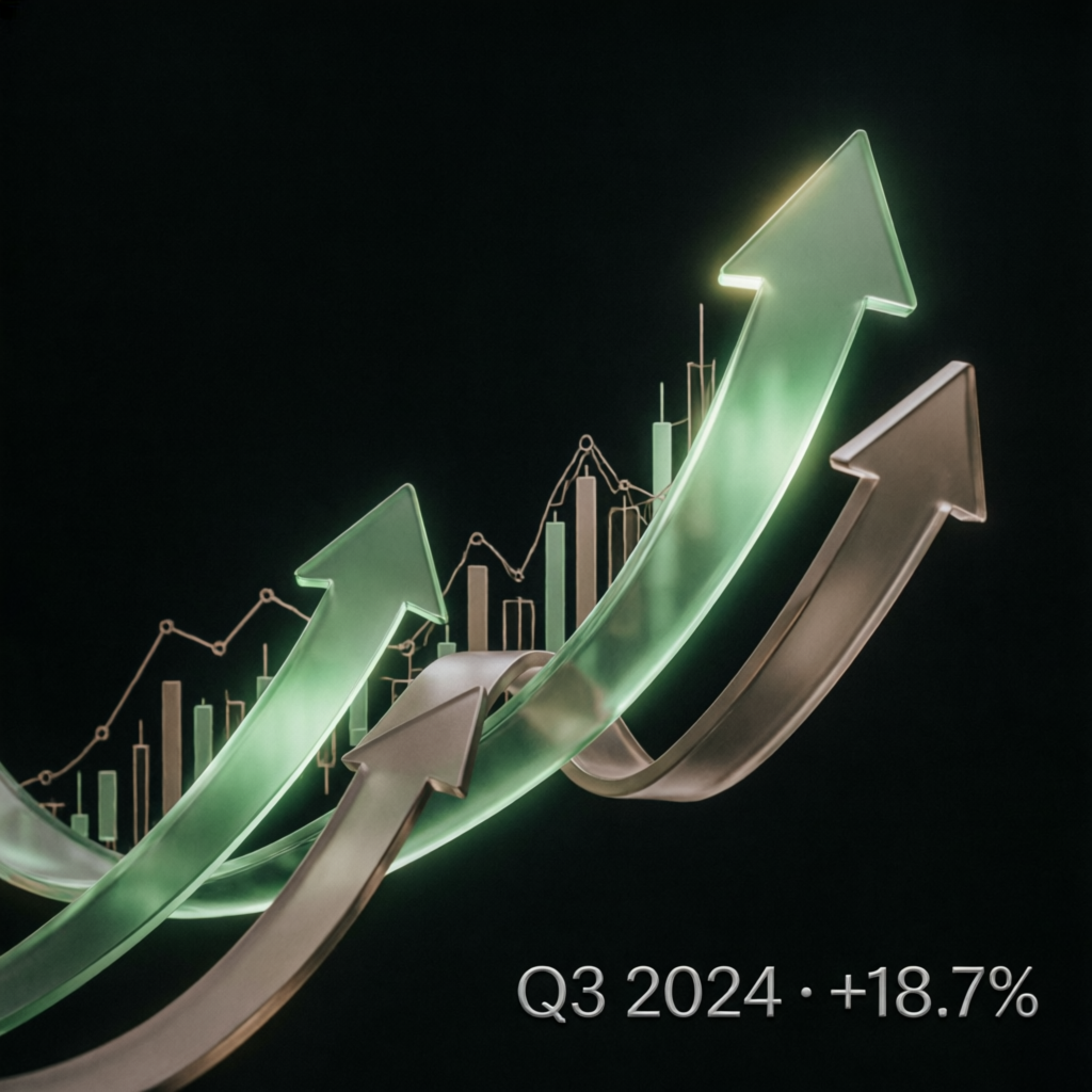 Abstract digital financial growth graph with green upward arrows representing successful prop firm account management