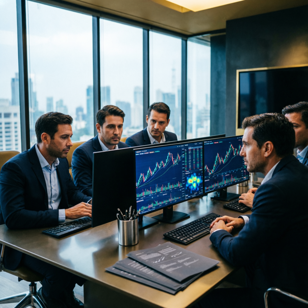 Professional forex trading strategy meeting with analysts reviewing screens in modern corporate office