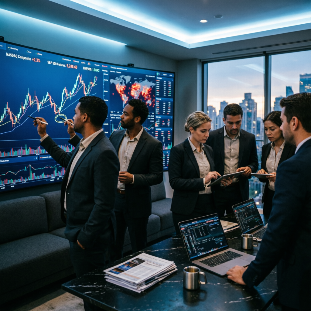 Professional trading team at PFM Capitals analyzing markets and managing funded accounts