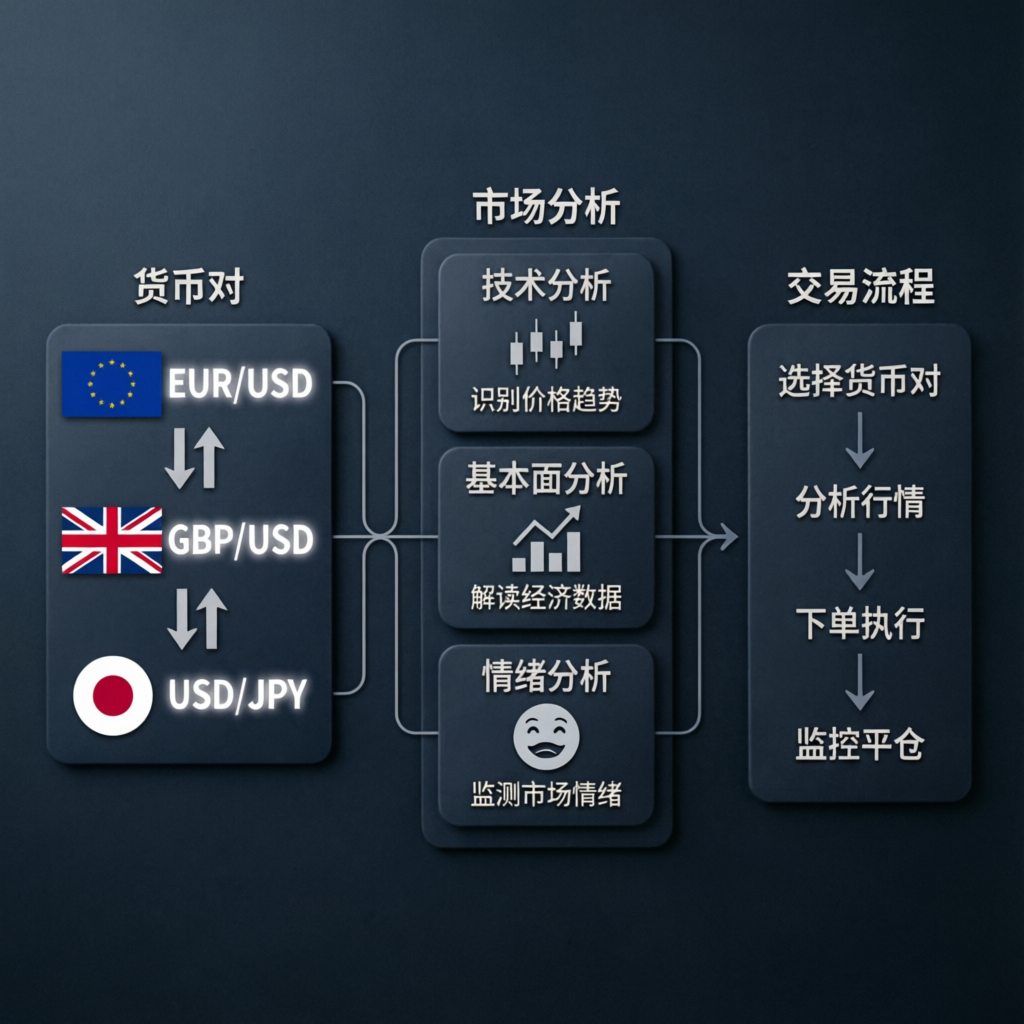 Educational diagram explaining forex trading concepts, currency pairs, and market analysis workflows