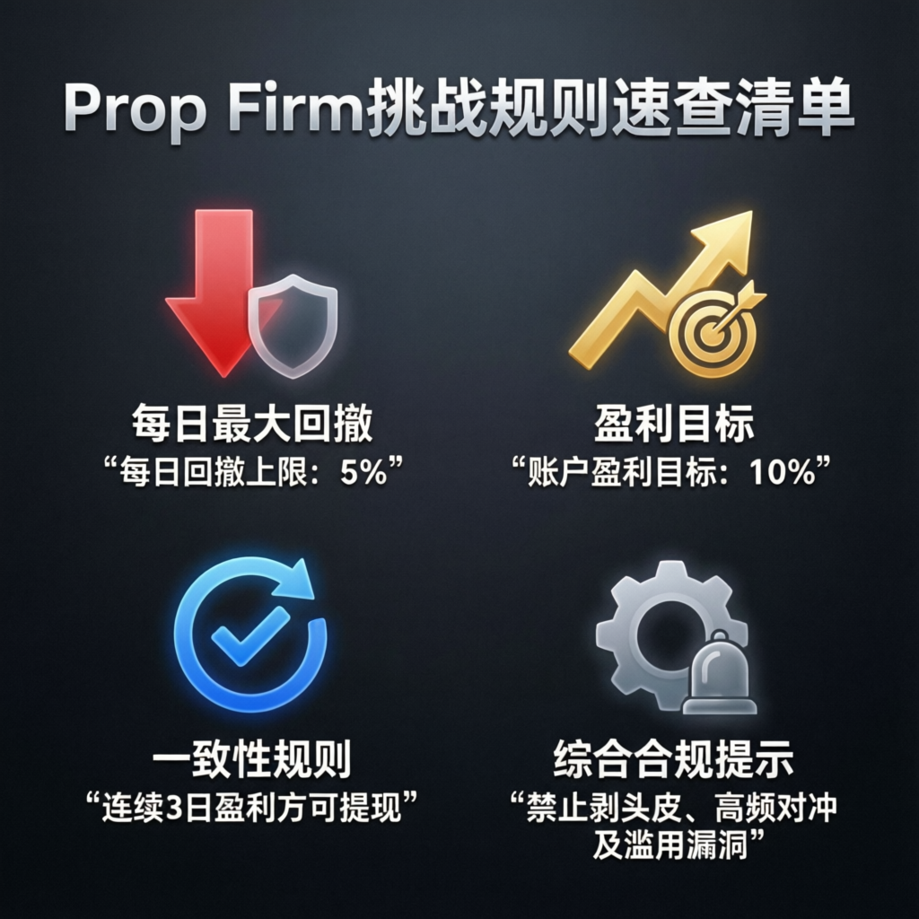 Prop firm challenge rules checklist showing daily drawdown, profit target, and consistency requirements