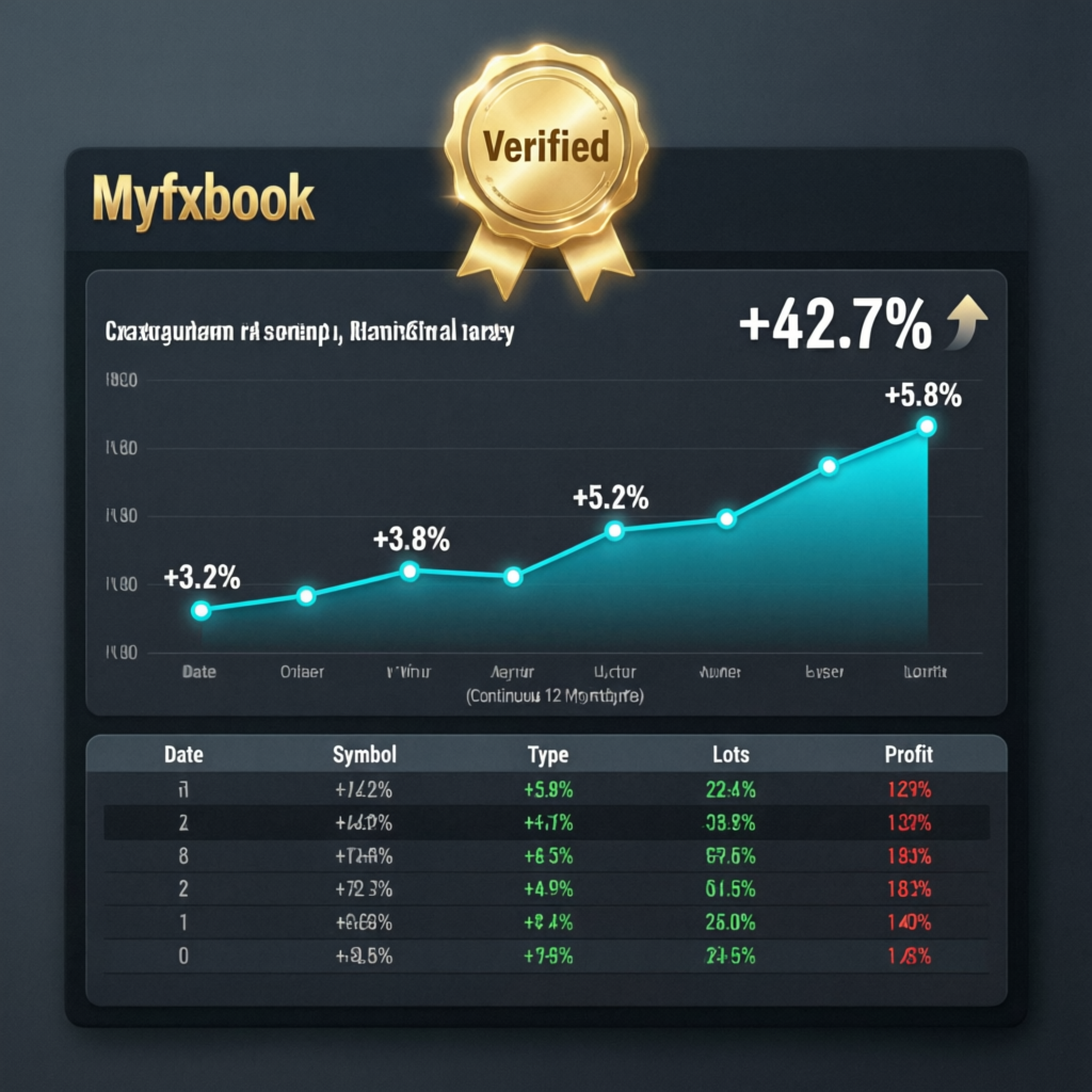 Myfxbook verified performance dashboard showing consistent profit growth and trading history
