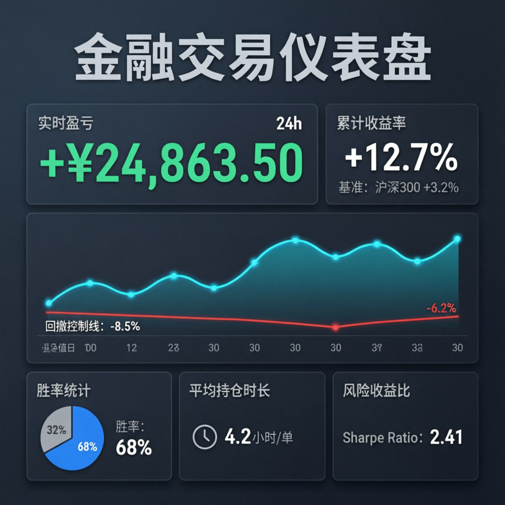 Financial trading dashboard showing key metrics for prop firm evaluation and funded account management