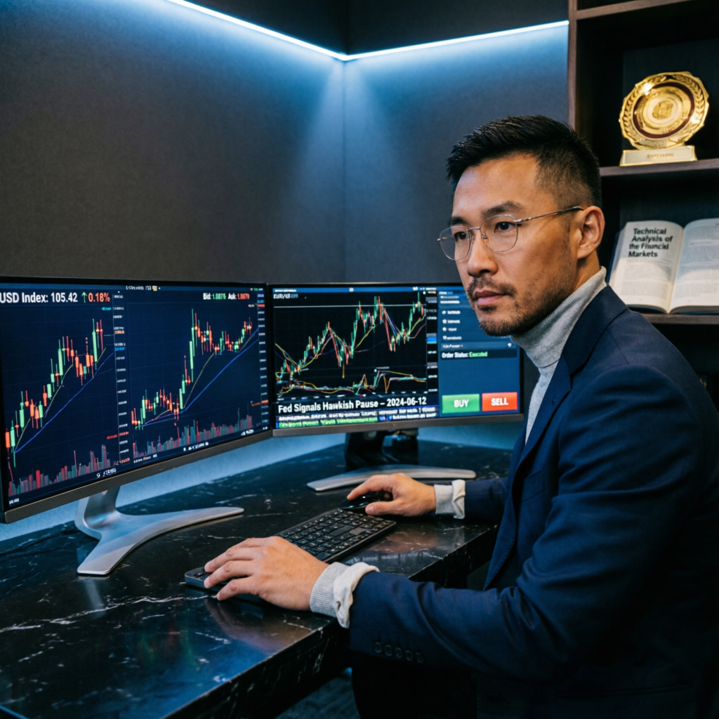 Professional forex trader analyzing prop firm challenge on multiple monitors