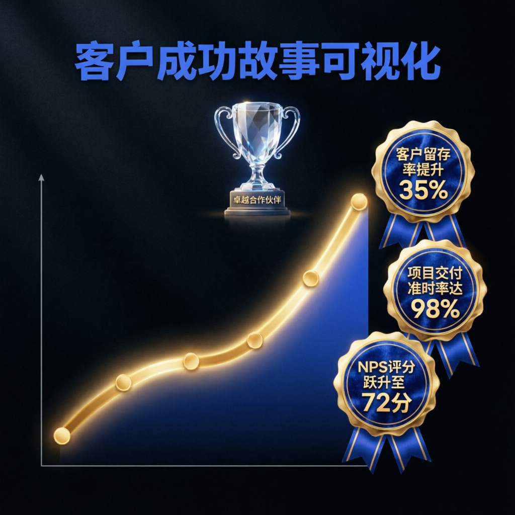 Client success story with achievement badges and profit growth