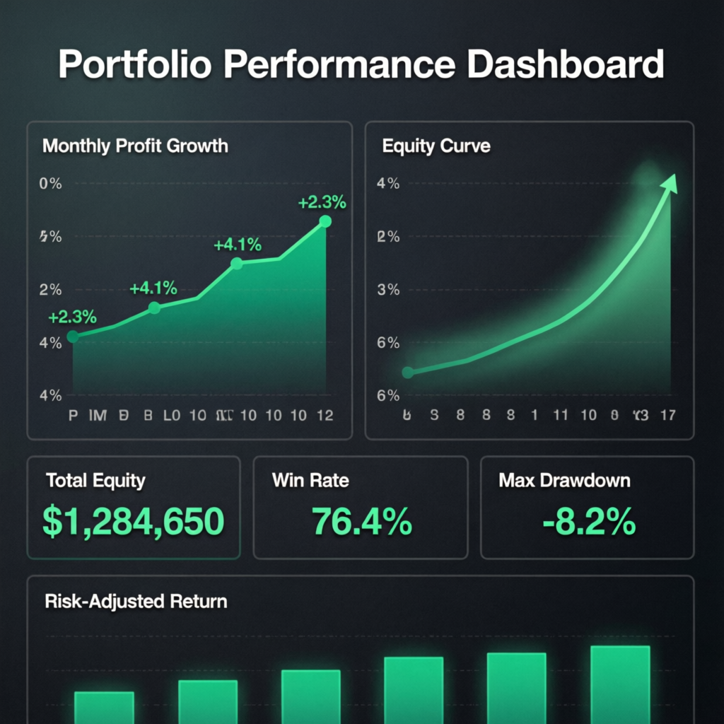 Portfolio performance dashboard showing equity curve and monthly profit growth