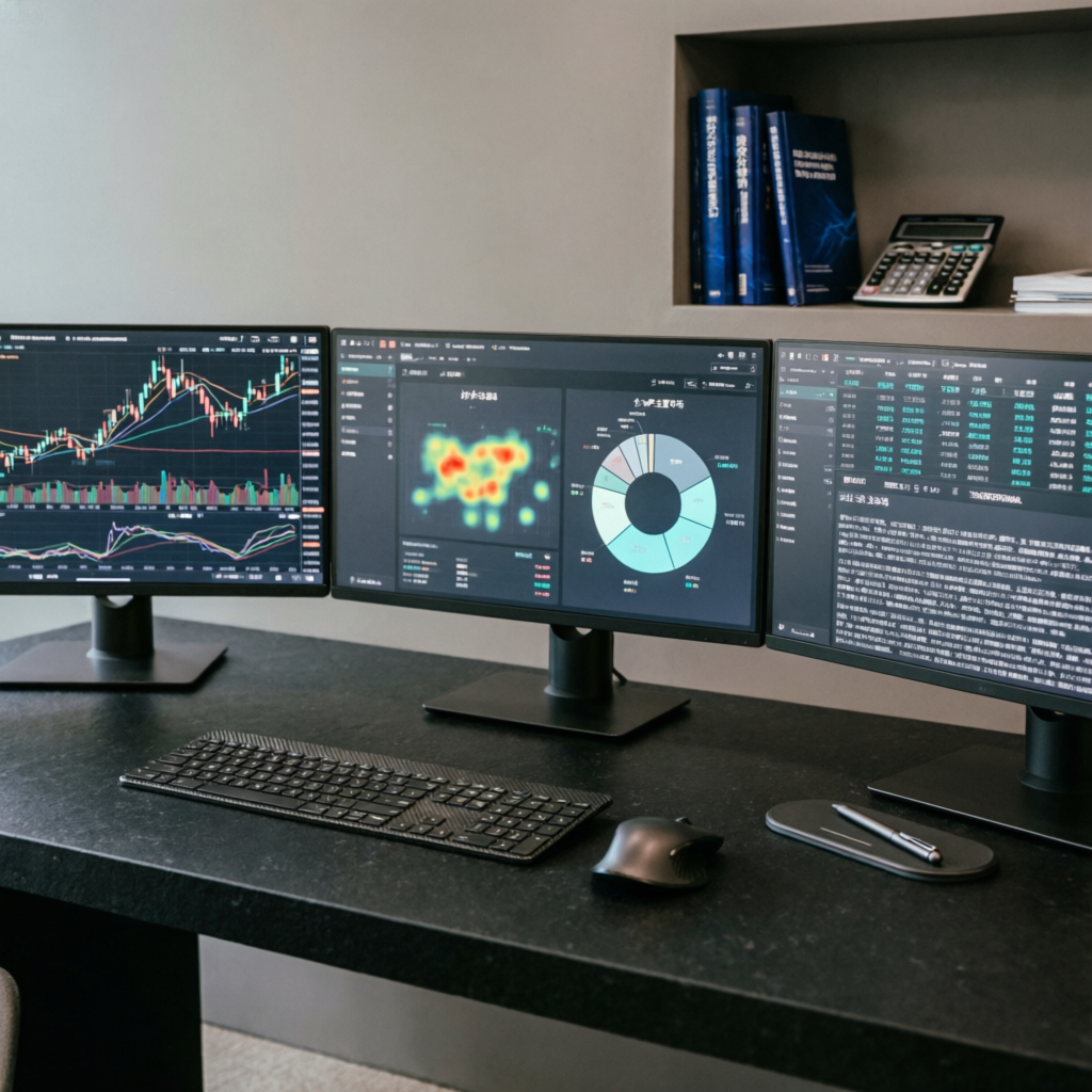 Professional account management workspace with multiple trading monitors