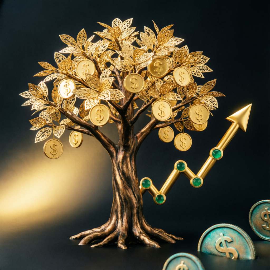 Financial growth concept with money tree and upward trending chart