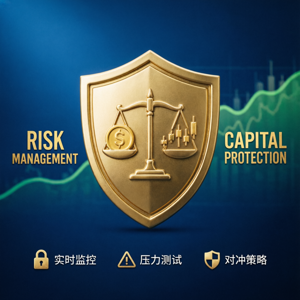 Risk management shield protecting trading capital with balance scale