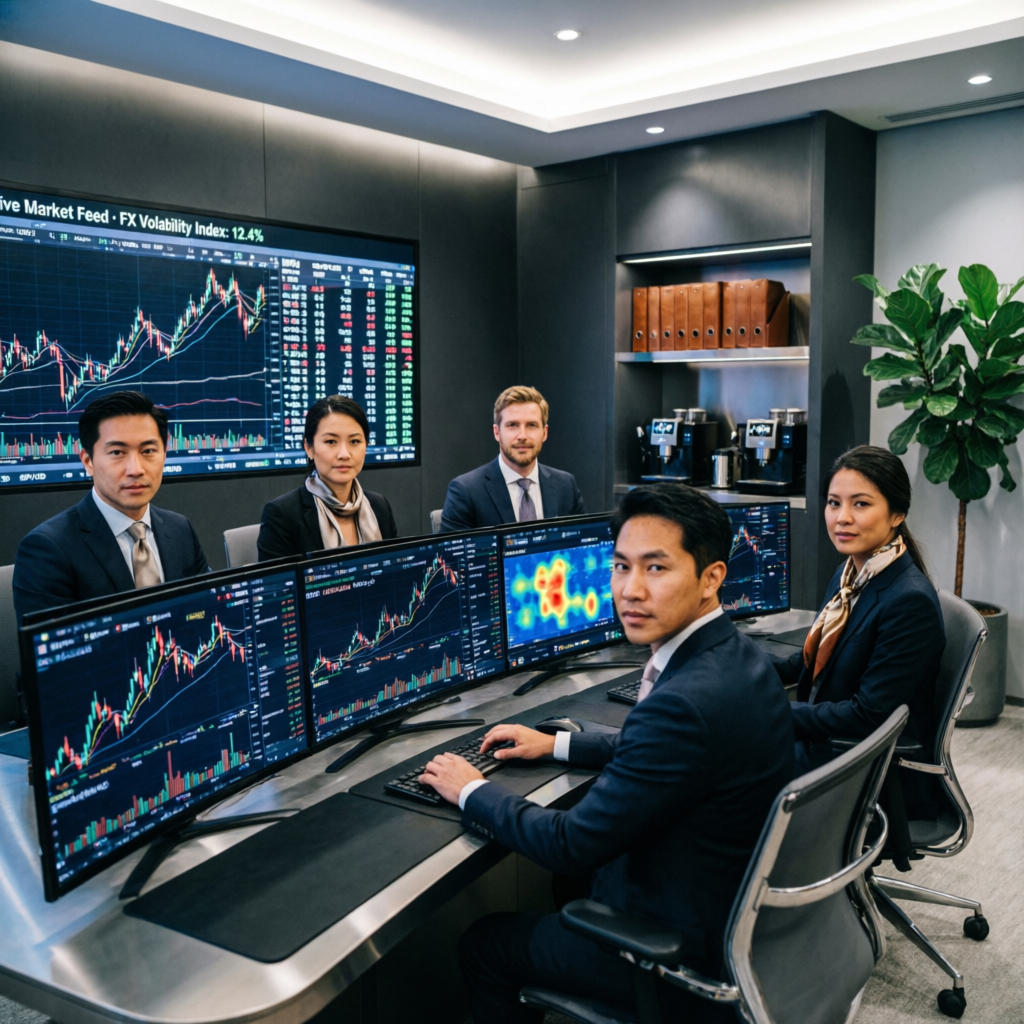 Professional trading team collaborating in modern trading room