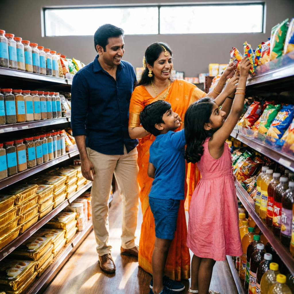 Family shopping at grocery store