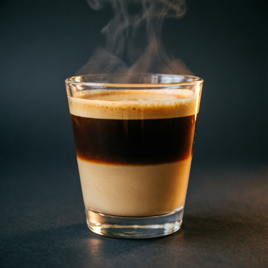 Cortado en vaso con capas de leche y café
