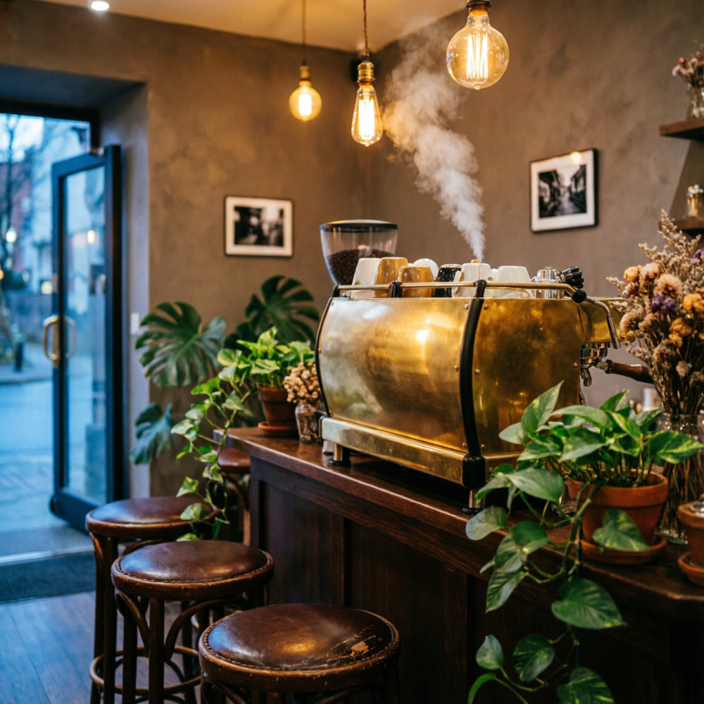 Interior de la cafetería al atardecer