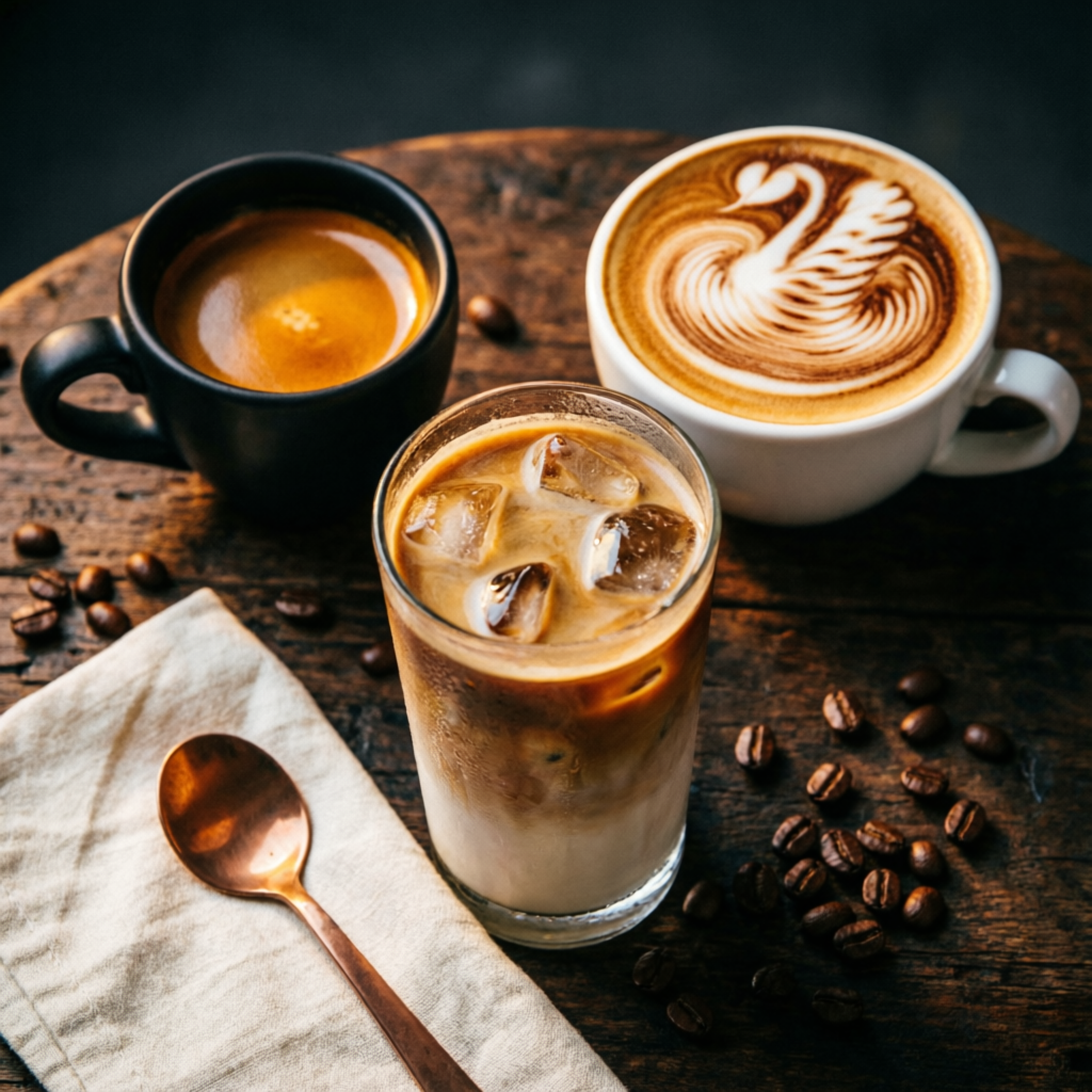 Trío de cafés sobre mesa de madera