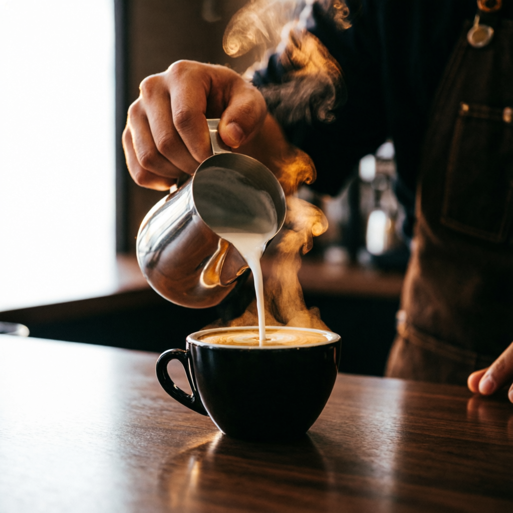 Barista vertiendo leche vaporizada sobre un espresso con vapor retroiluminado