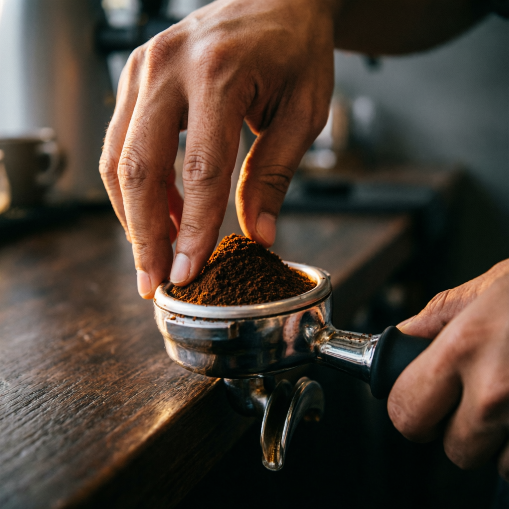 Barista prensando café molido