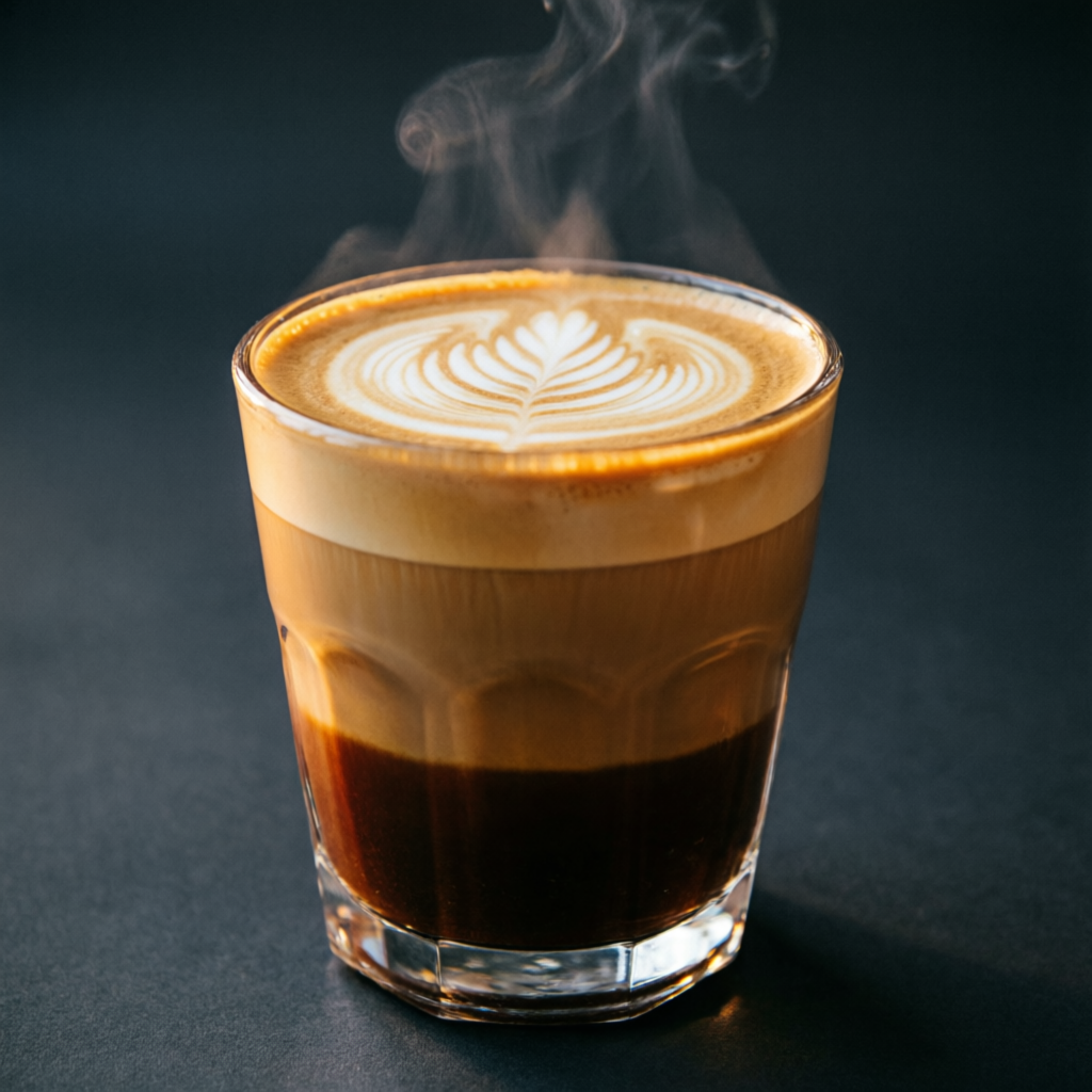 Caffè latte en vaso con tulipán de latte art